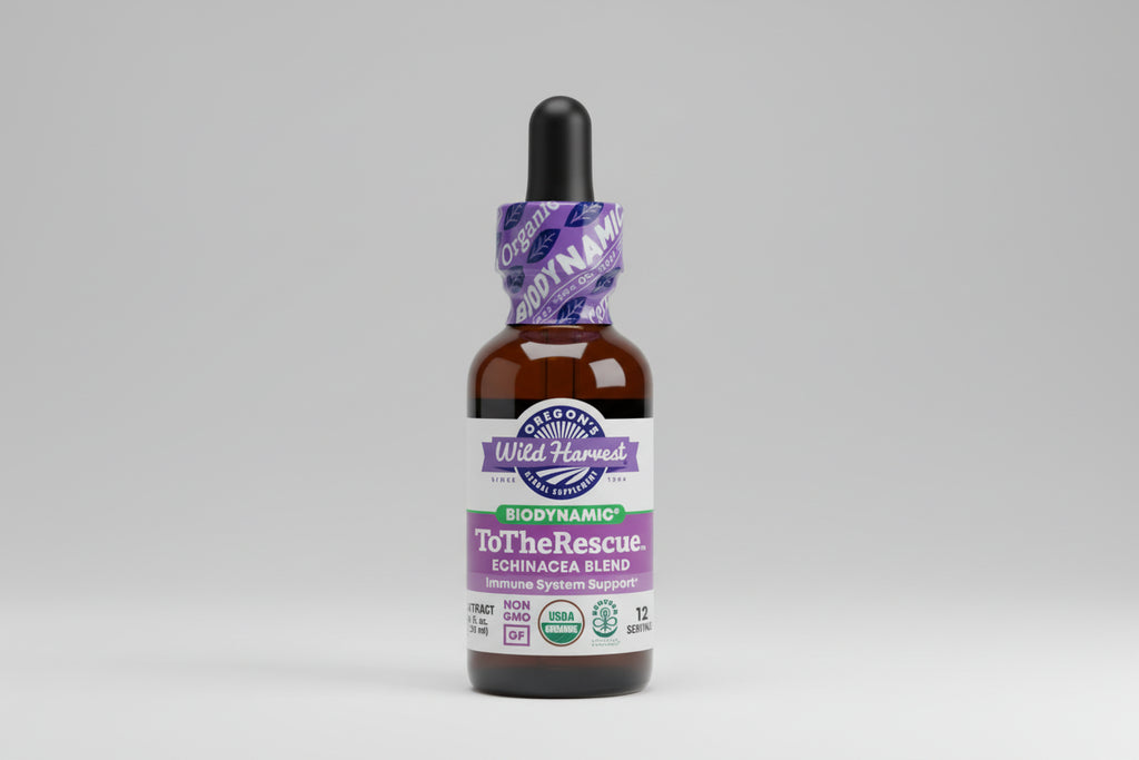 Bottle of Oregon's Wild Harvest ToTheRescue Echinacea Blend with a dropper on a white background