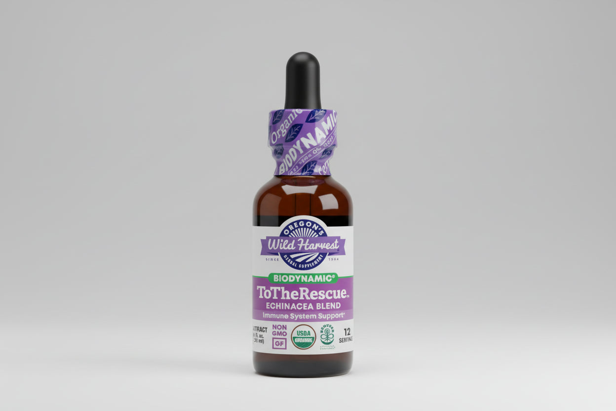 Bottle of Oregon's Wild Harvest ToTheRescue Echinacea Blend with a dropper on a white background