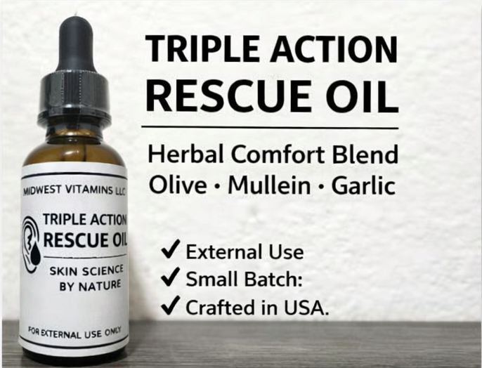 Bottle of Triple Action Rescue Oil with text on a white background