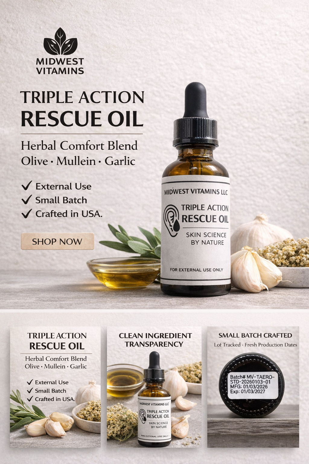 Midwest Vitamins Triple Action Rescue Oil with ingredients on a wooden surface