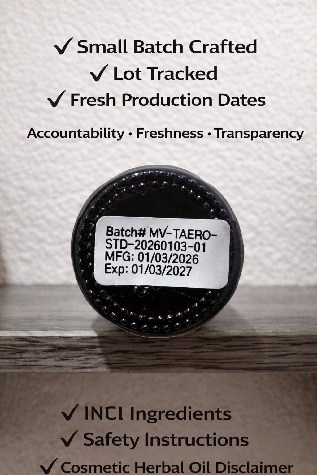 Cosmetic container with a label on a wooden surface, featuring text about product quality and transparency.