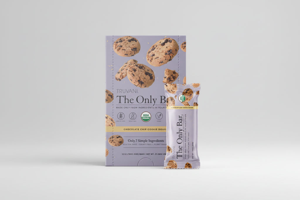 Truvani The Only Bar chocolate chip cookie dough packaging with a single bar on a white background