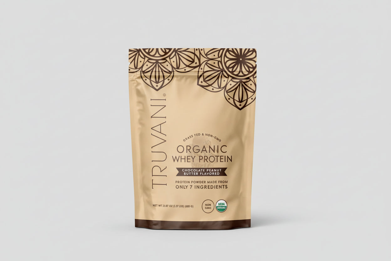 Truvani Organic Whey Protein package on a white background