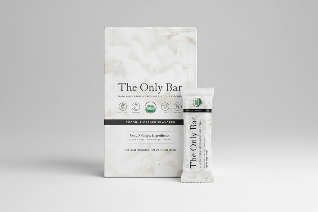 Packaging of 'The Only Bar' coconut cashew flavored snack bar on a white background