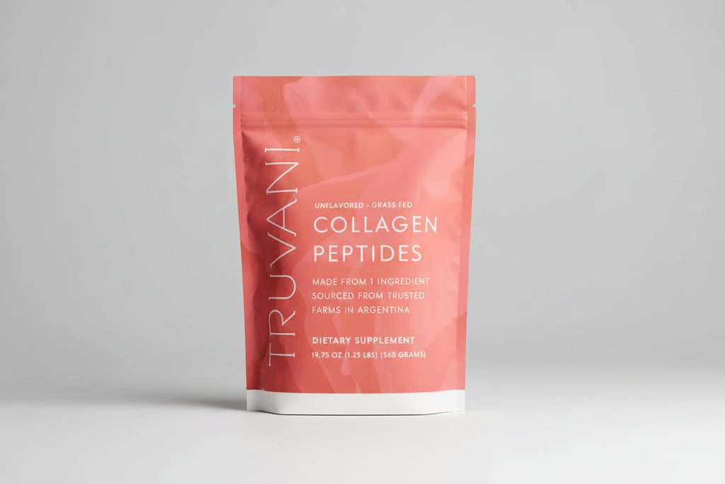 Person holding a bag of Truvani Collagen Peptides and a shake.