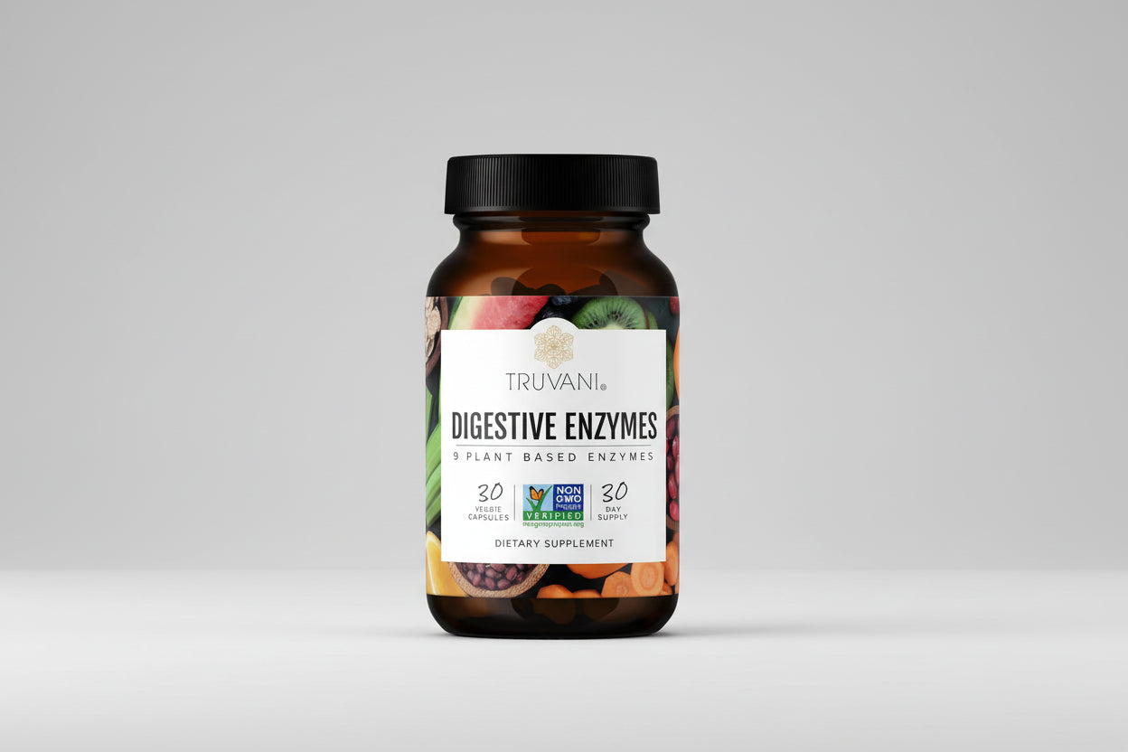 Truvani digestive enzymes supplement bottle with fruit illustration on a white background