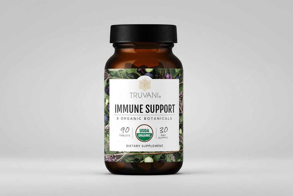 Truvani immune support supplement bottle with label on a white background