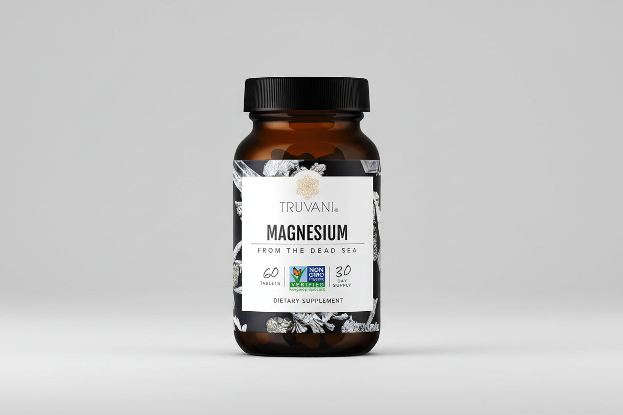 Truvani magnesium supplement bottle on a white background