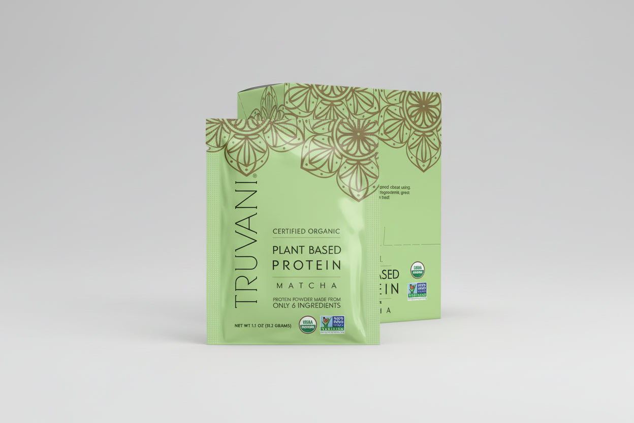 Truvani plant-based protein matcha powder package on a white background