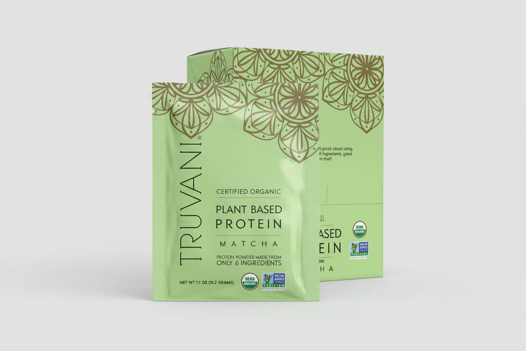 Truvani plant-based protein matcha powder package on a white background