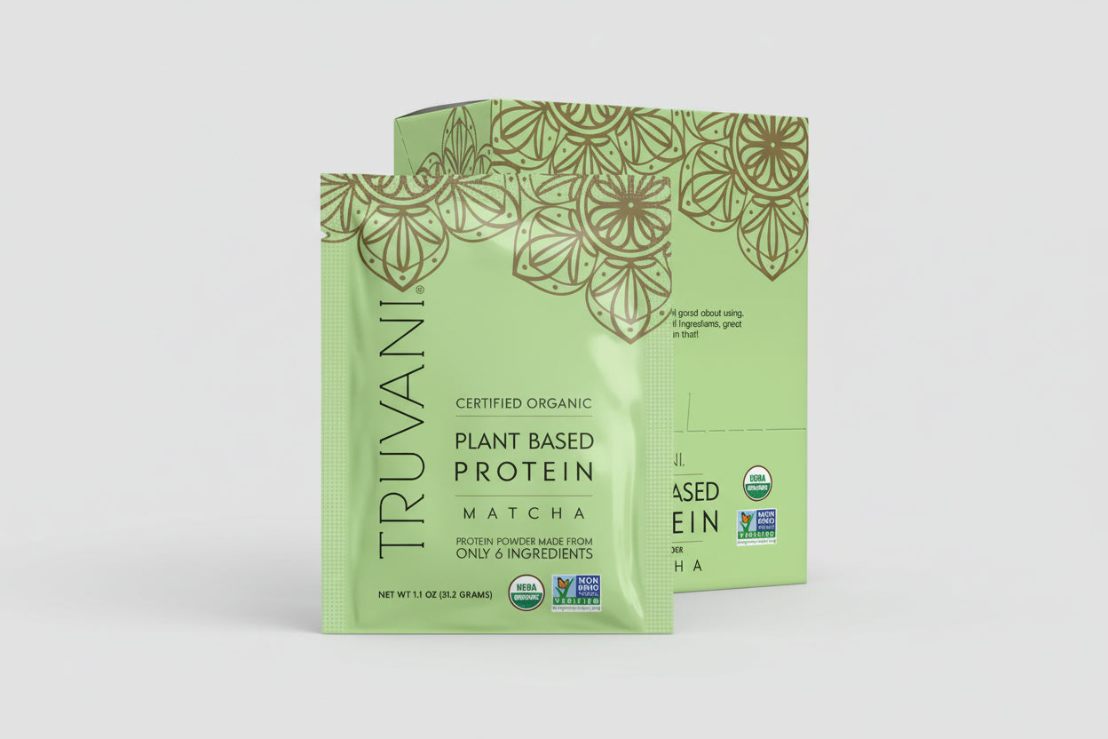 Truvani plant-based protein matcha powder package on a white background