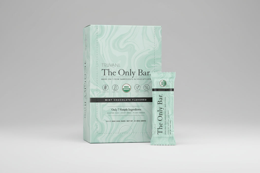 Truvani The Only Bar packaging with mint chocolate flavor on a white background