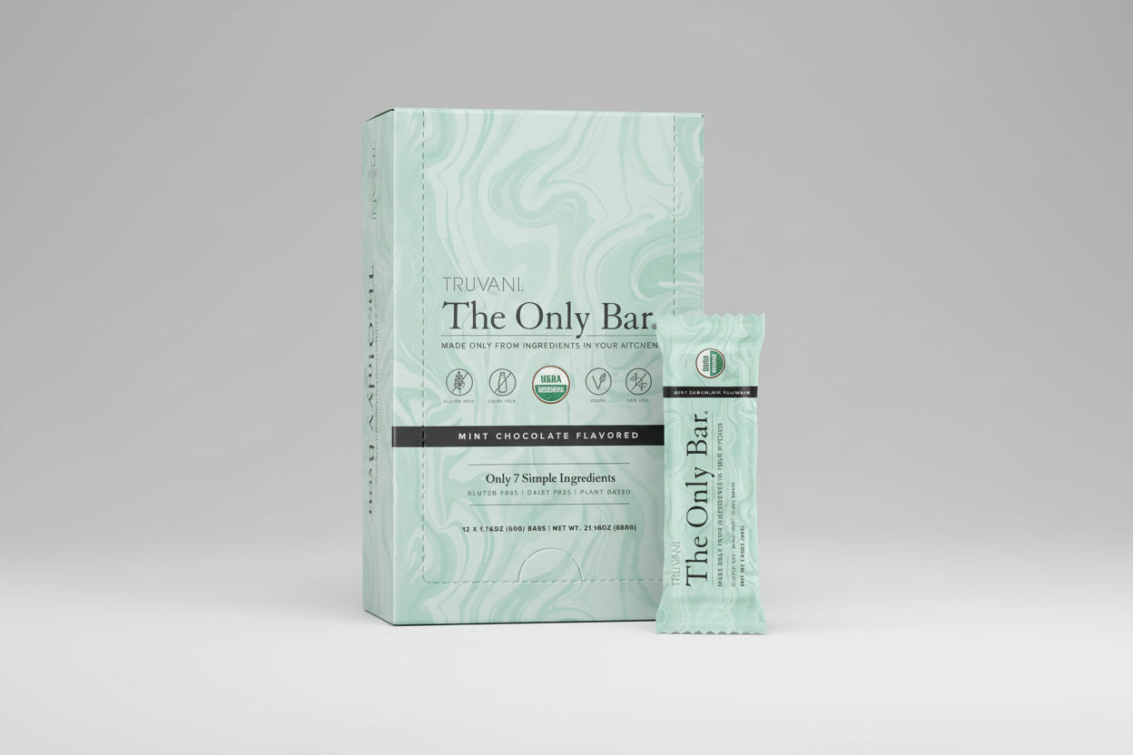 Truvani The Only Bar packaging with mint chocolate flavor on a white background
