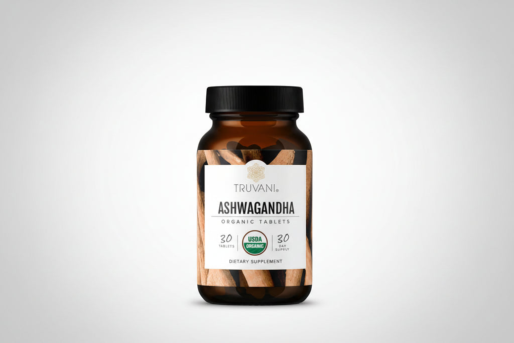 Truvani Ashwagandha organic tablets supplement bottle on a white background