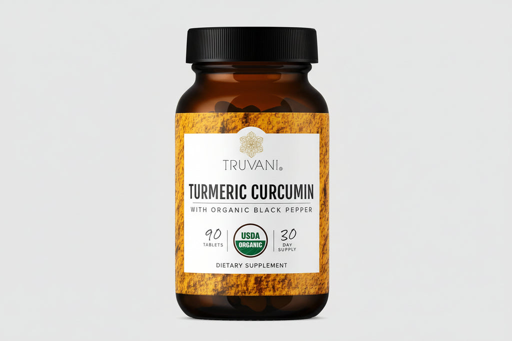 Truvani Turmeric Curcumin supplement bottle on a white background