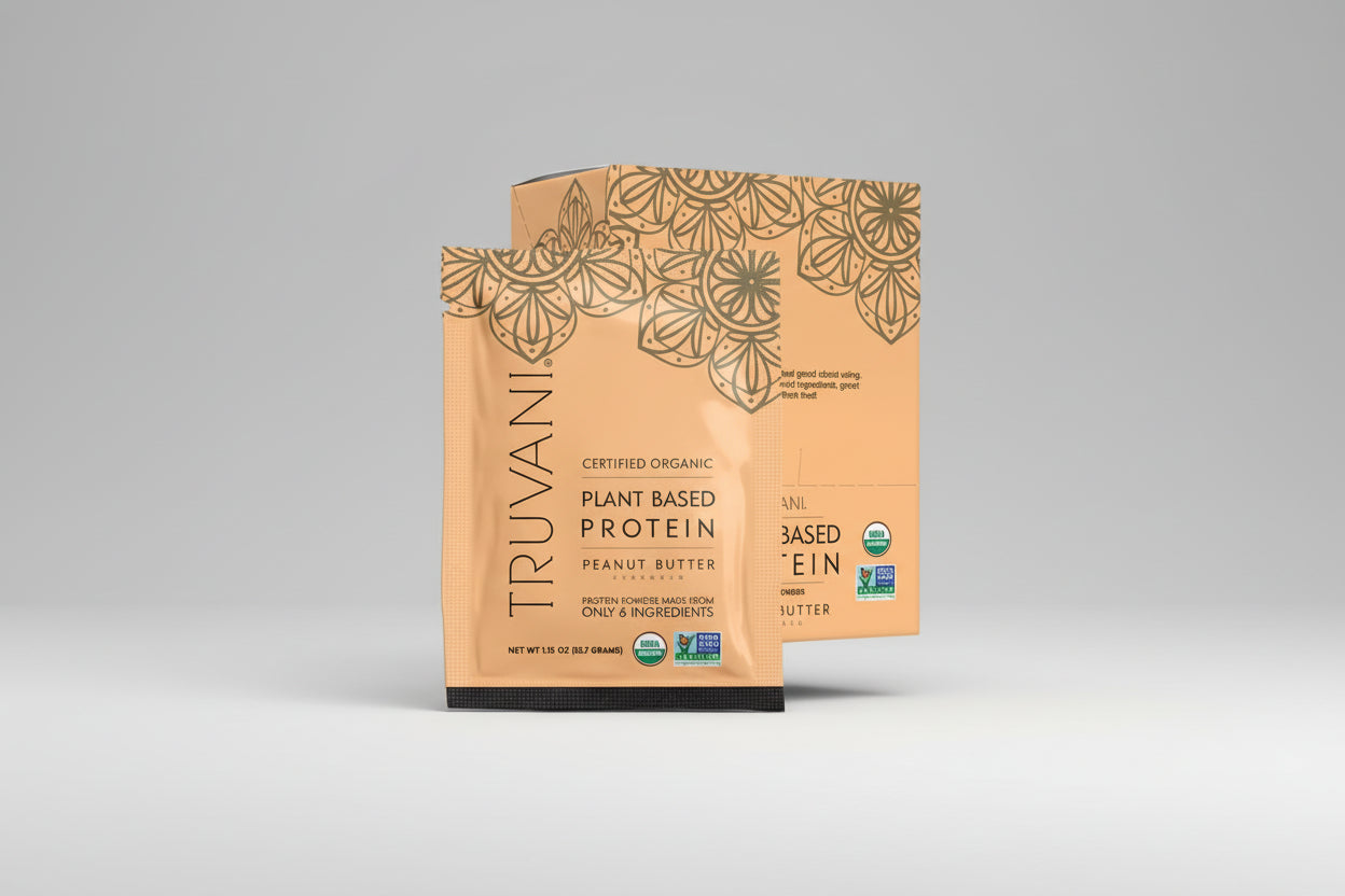 Truvani plant-based protein powder package with decorative elements on a white background