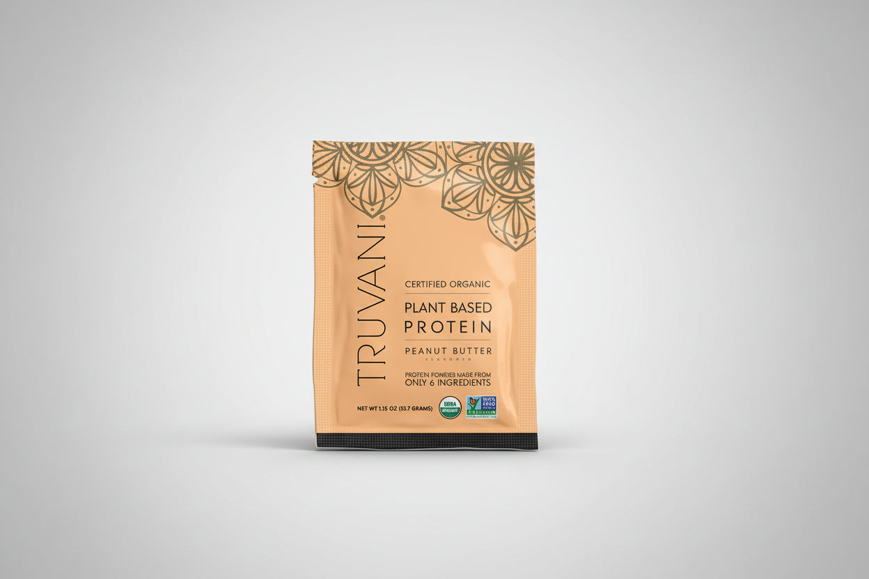 Truvani plant-based protein powder package with decorative elements on a white background