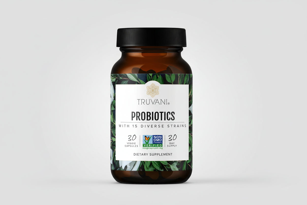 Truvani probiotics supplement bottle with green leaf design on a white background