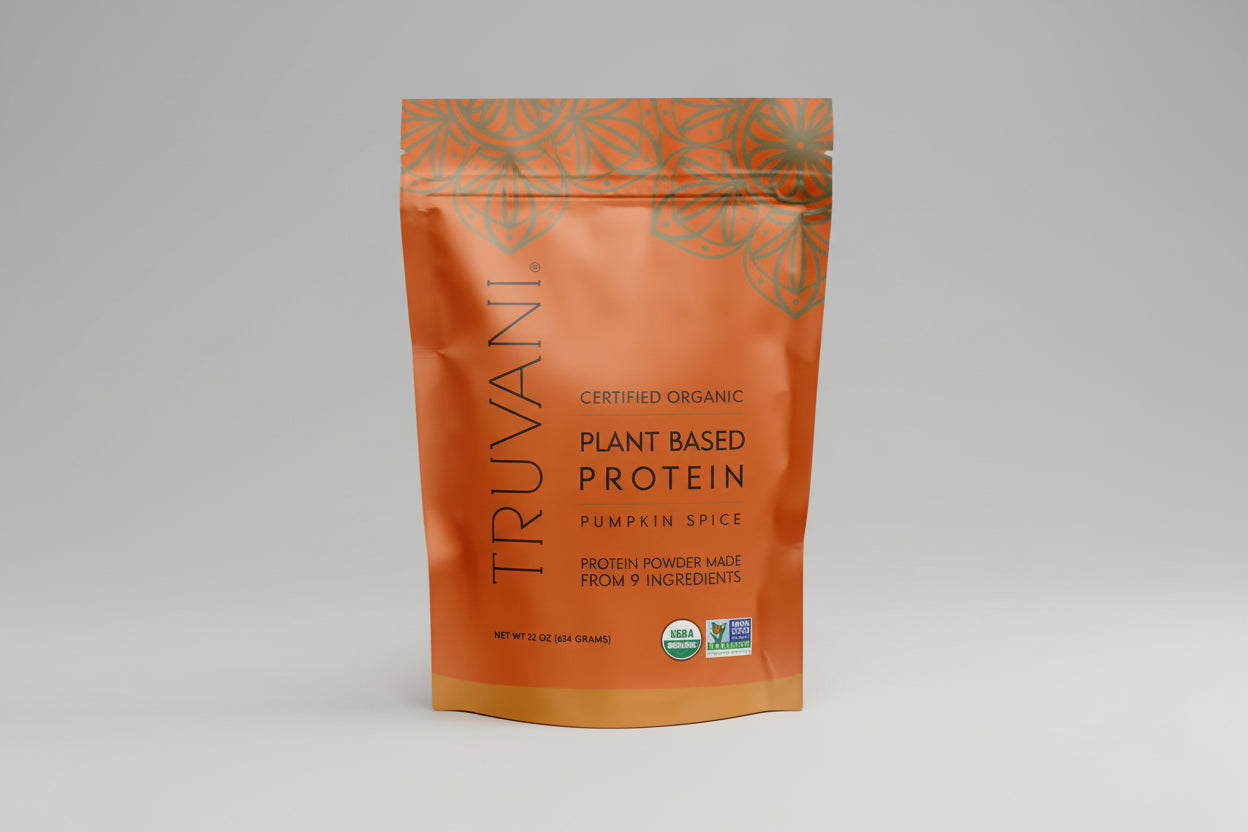 Truvani pumpkin spice plant-based protein powder package on a white background