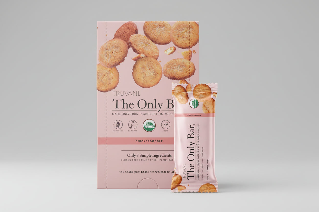 Truvani The Only Bar packaging with snickerdoodle flavor on a white background