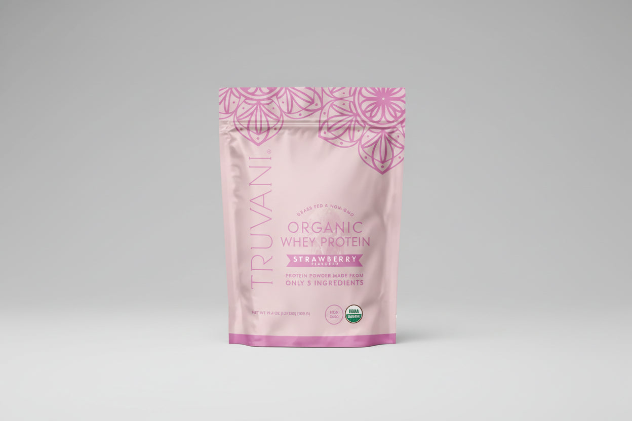Truvani Organic Strawberry Whey Protein package on a white background