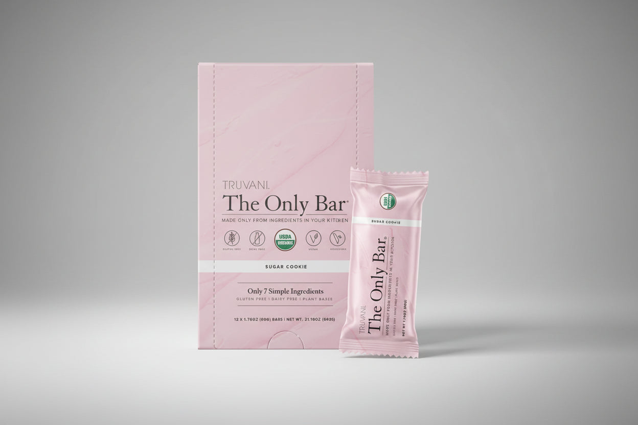 Truvani The Only Bar packaging with a pink background