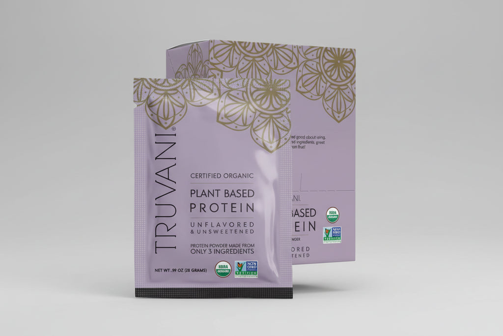 Truvani plant-based protein package with decorative lid on a white background