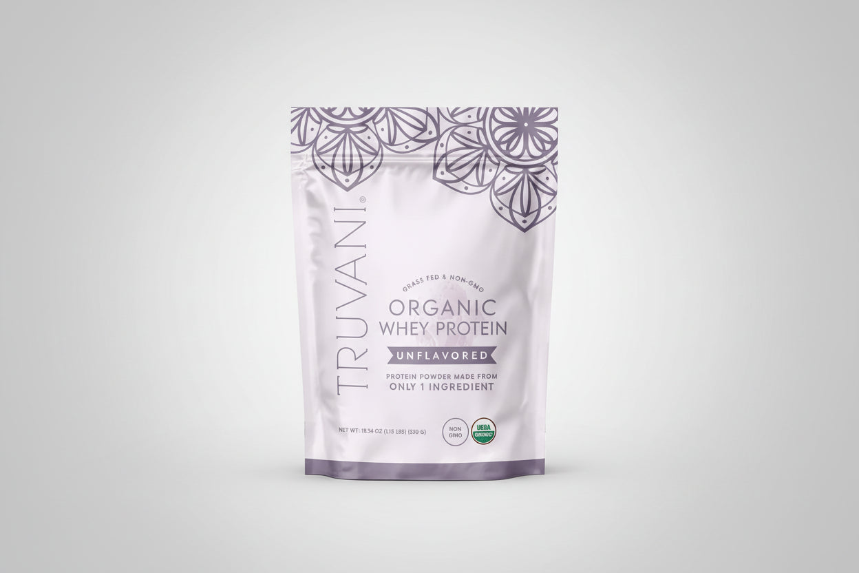 Truvani organic whey protein package on a white background