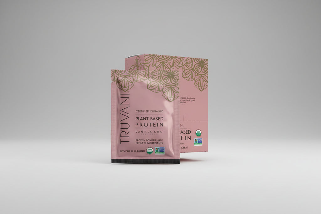 Truvani plant-based protein powder package with floral design on a white background