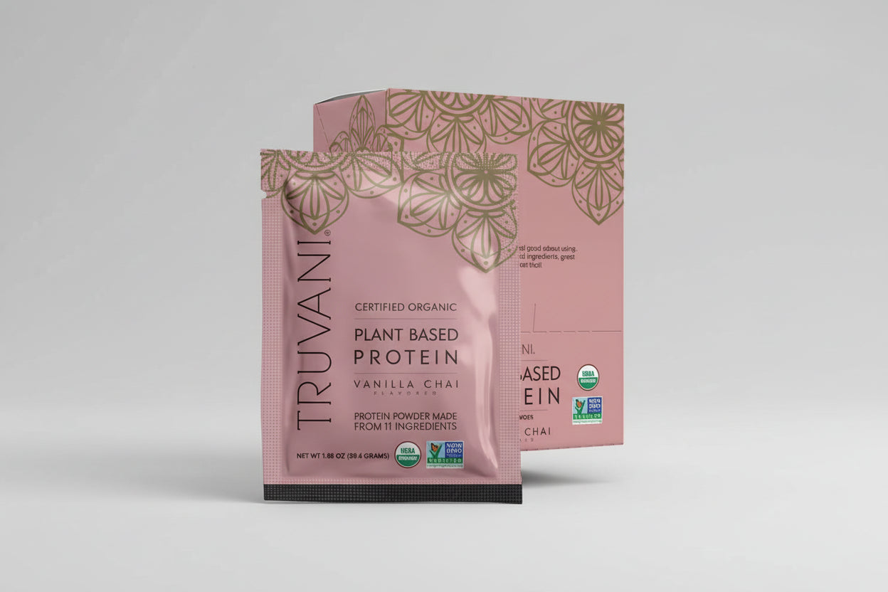 Truvani plant-based protein powder package with floral design on a white background