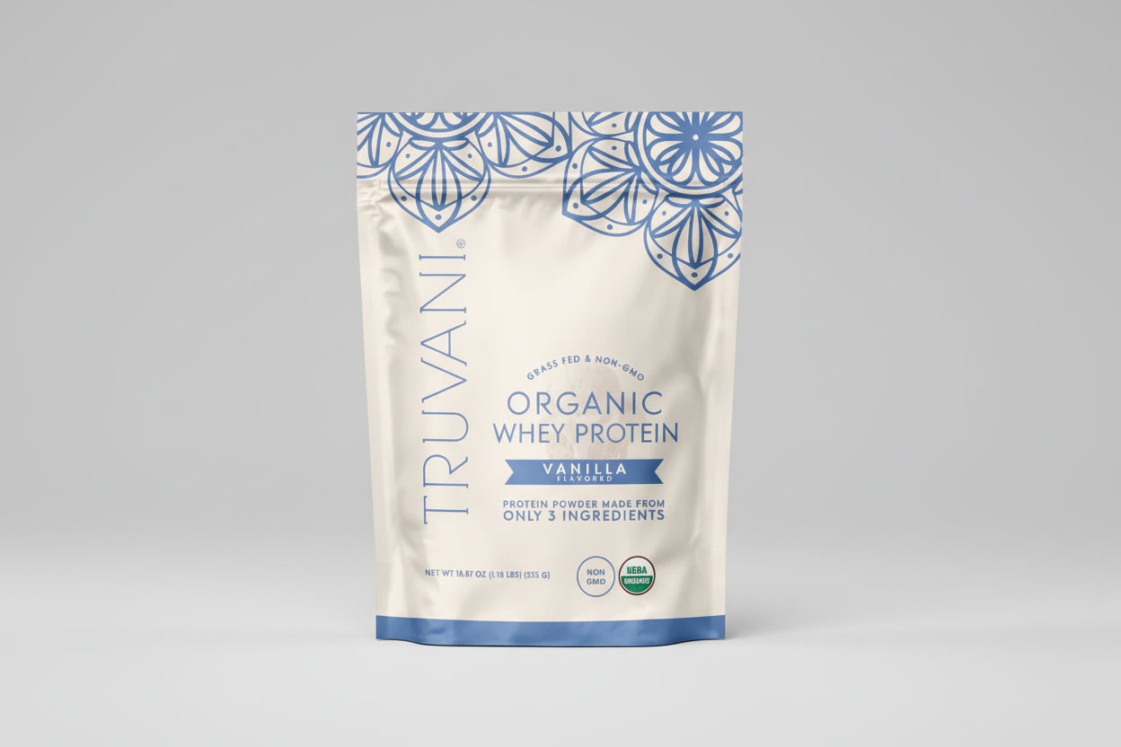Truvani organic whey protein package with blue floral designs on a white background