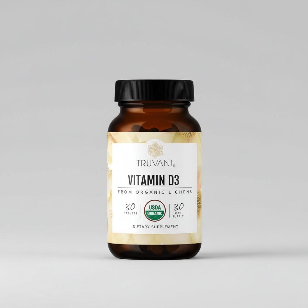 Truvani Vitamin D3 supplement bottle with a floral background
