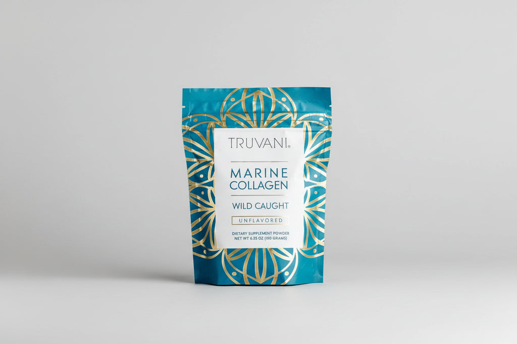 Truvani Marine Collagen package with a glass of iced coffee and Non-GMO Project Verified logo.