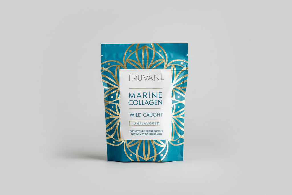 Truvani Marine Collagen package with a glass of iced coffee and Non-GMO Project Verified logo.
