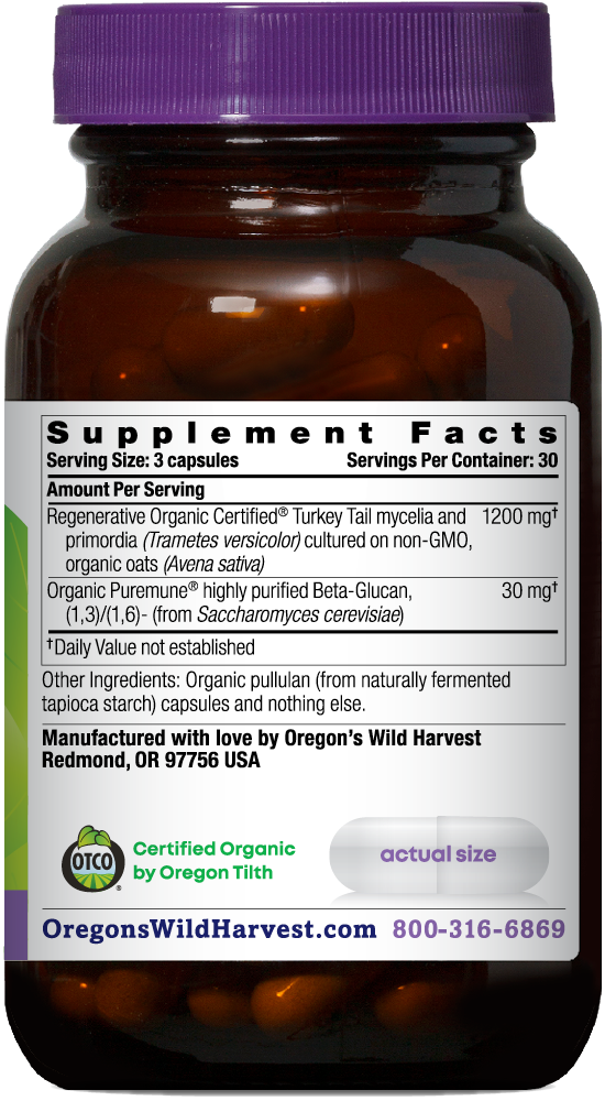 Oregon's Wild Harvest Turkey Tail Regenerative Organic 90 Capsules right side