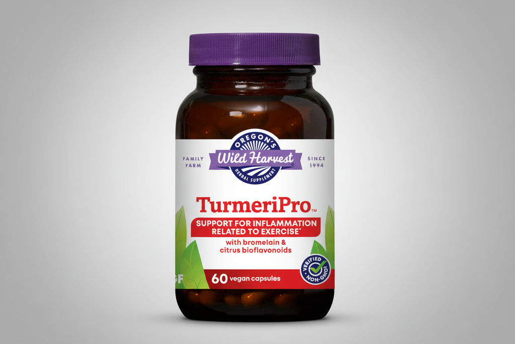 Oregon's Wild Harvest TurmeriPro supplement bottle with purple cap and label.