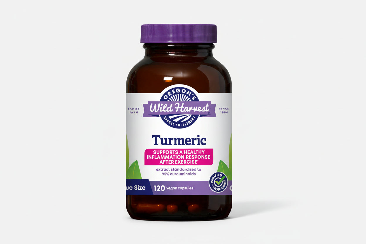 Oregon's Wild Harvest Turmeric supplement bottle with purple cap and label.