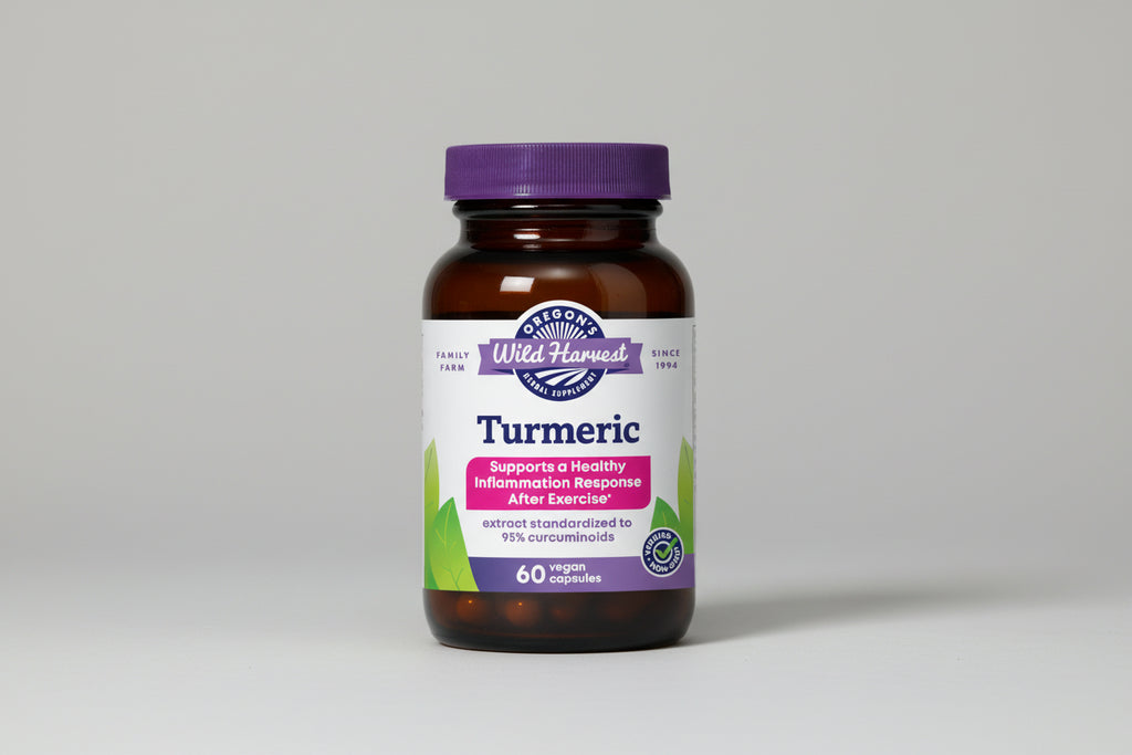 Oregon's Wild Harvest Turmeric supplement bottle with purple cap and label.
