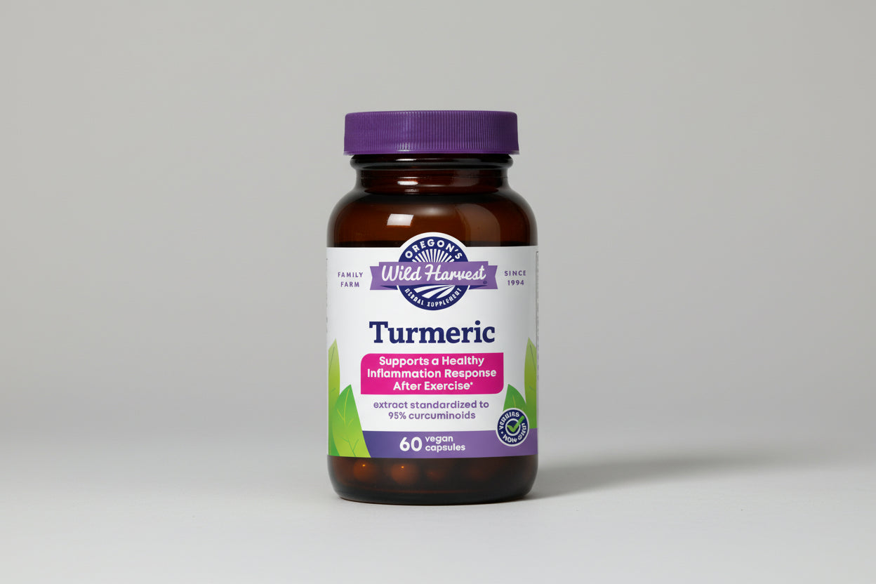 Oregon's Wild Harvest Turmeric supplement bottle with purple cap and label.