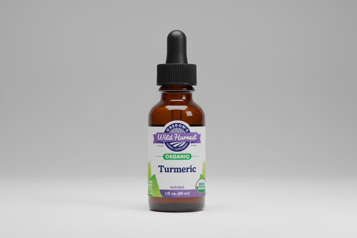 Bottle of Oregon's Wild Harvest Organic Turmeric extract on a white background