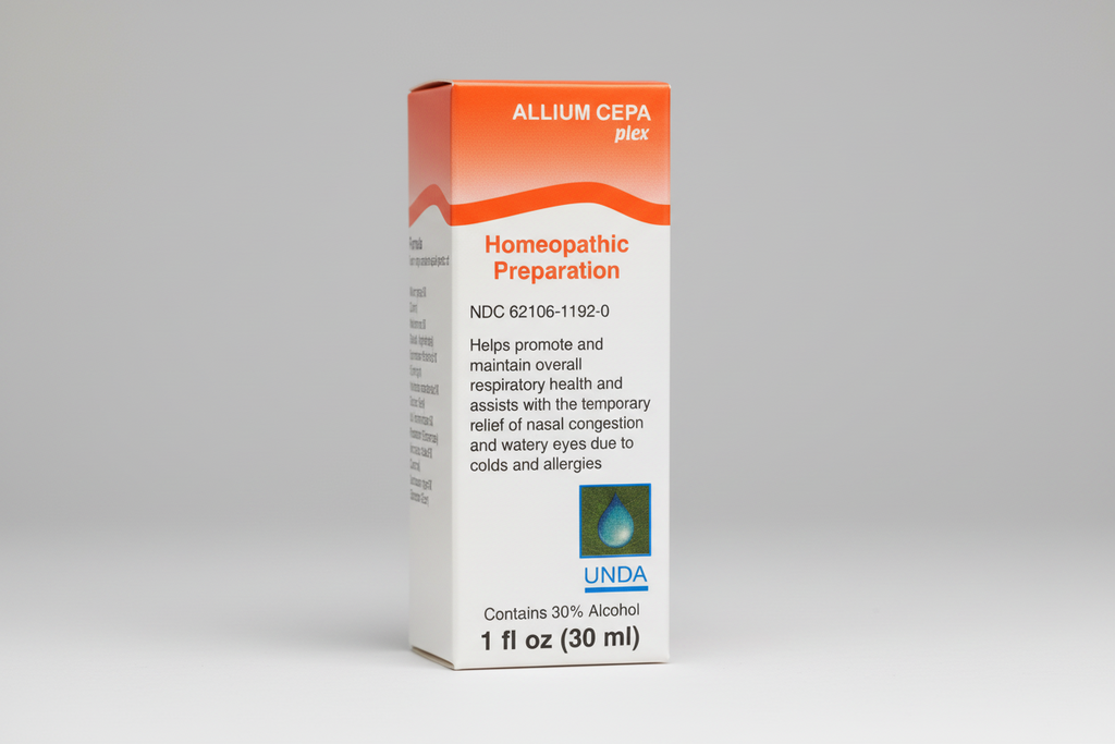 Box of Allium Cepa plex homeopathic preparation by UNDA on a white background