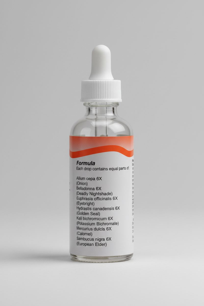 Product label with herbal formula details on a red and gray background