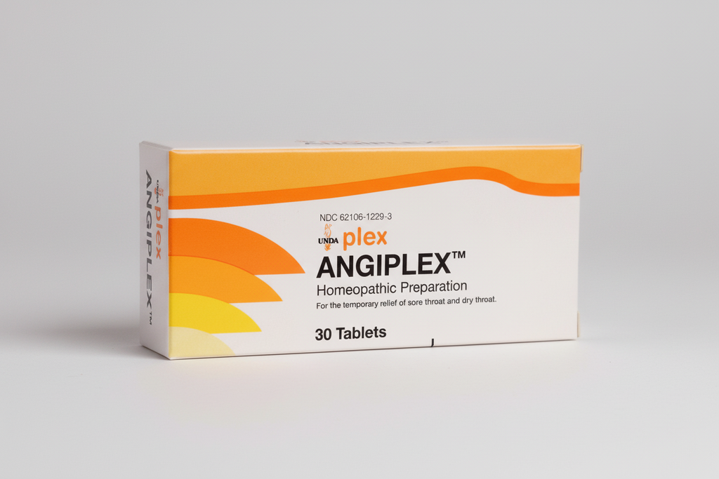 Box of Angiplex homeopathic preparation with orange and white design