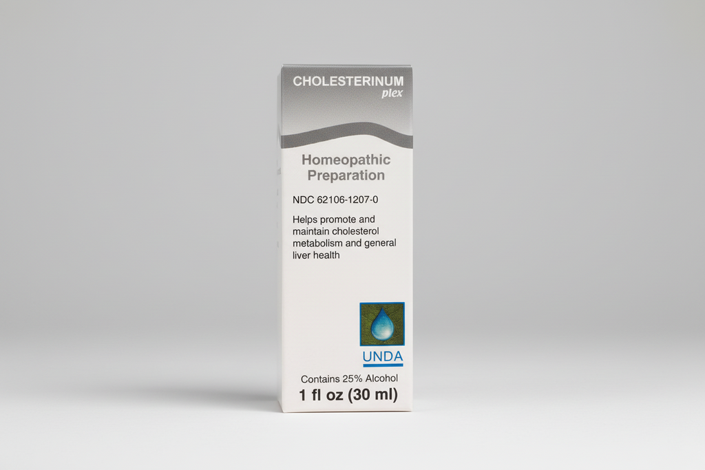 Box of Cholesterinum plex homeopathic preparation by UNDA on a white background