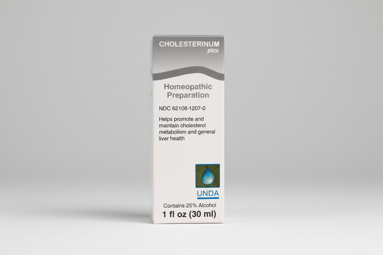 Box of Cholesterinum plex homeopathic preparation by UNDA on a white background