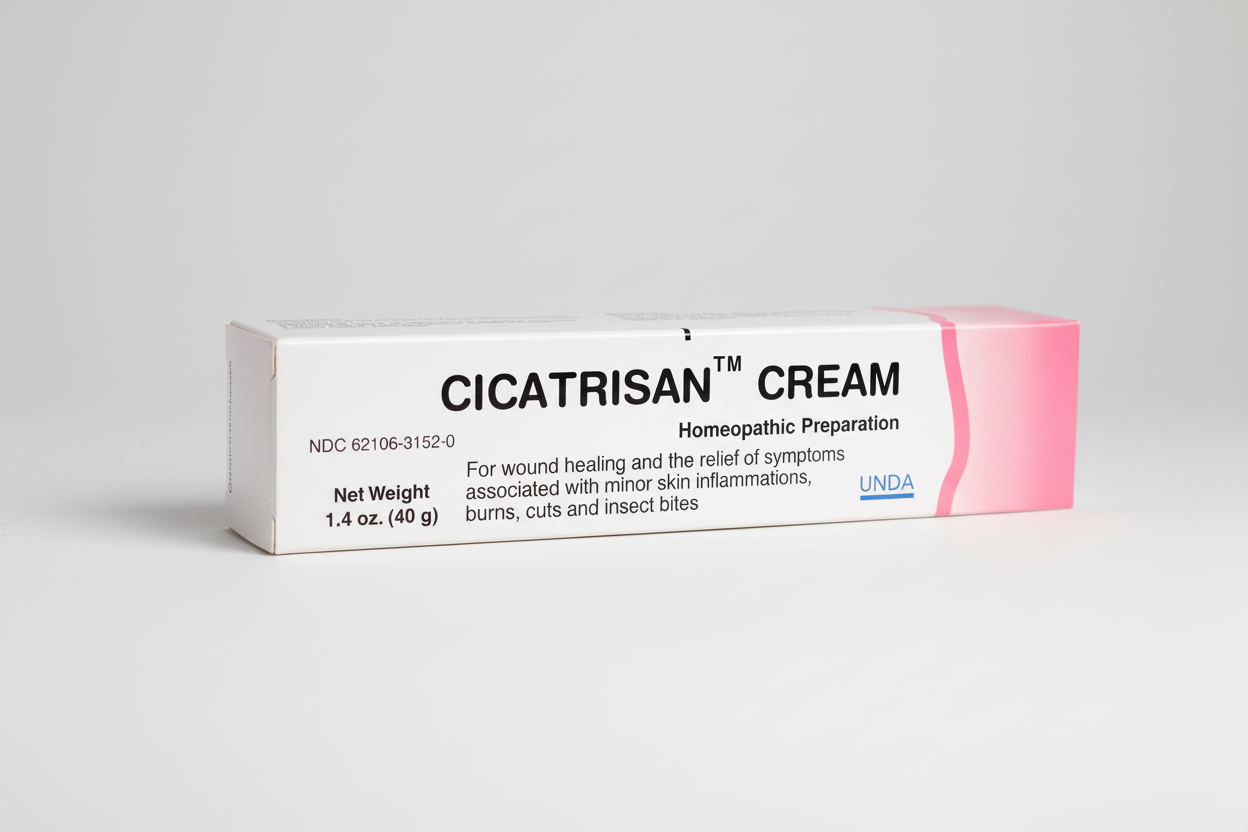Cicatrisan cream packaging with pink and white design