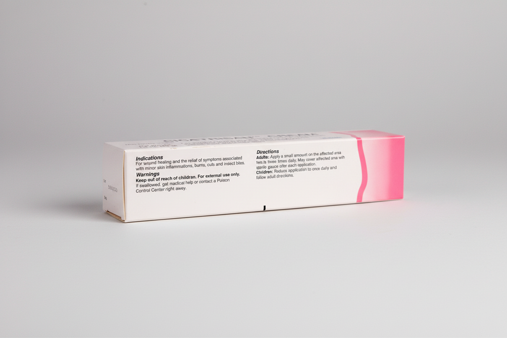 Box of a topical medication with pink and white design
