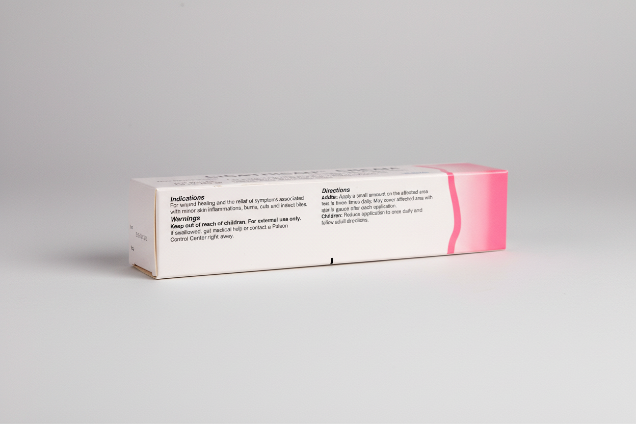 Box of a topical medication with pink and white design