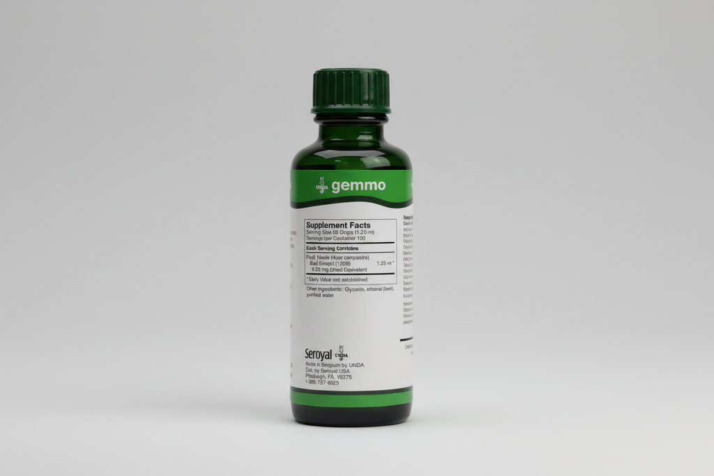 Gemmo supplement facts label with UNDA and Seroyal branding.