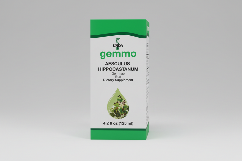Box of UNDA gemmo Aesculus Hippocastanum dietary supplement with green and white design.